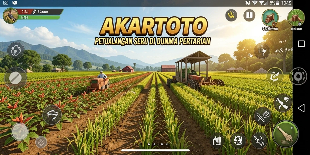 Screenshot gameplay AKARTOTO memperlihatkan aktivitas bertani yang menyenangkan.