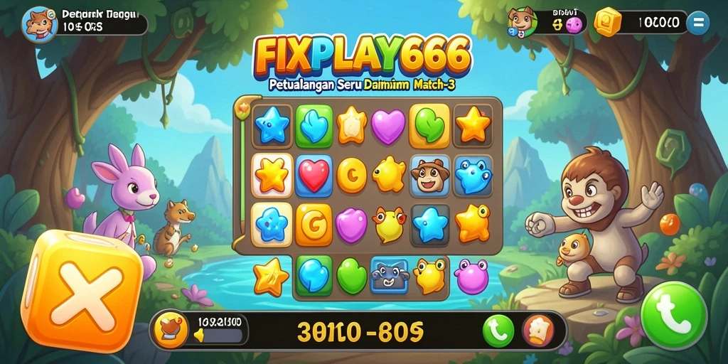 Tampilan gameplay FIXPLAY666 yang menarik dan penuh warna dalam permainan Match-3.