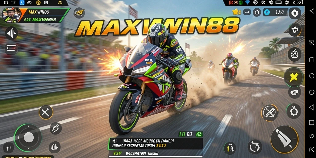 Tampilan gameplay <strong>MAXWIN88</strong> yang memukau saat balapan motor.