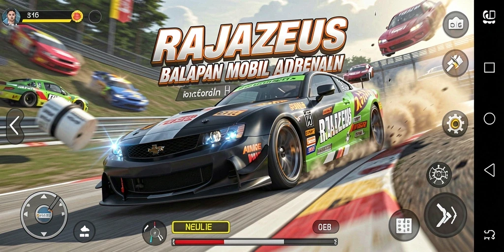Tampilan gameplay penuh aksi di RAJAZEUS dengan mobil balap yang menegangkan.